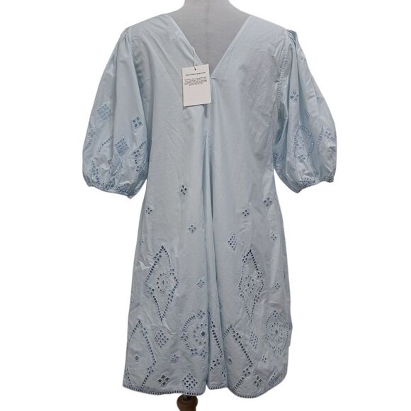 Ganni Broderie Anglaise Puff Sleeve Organic Cotton Mini Dress Illusion Blue S 42 - Picture 5 of 17